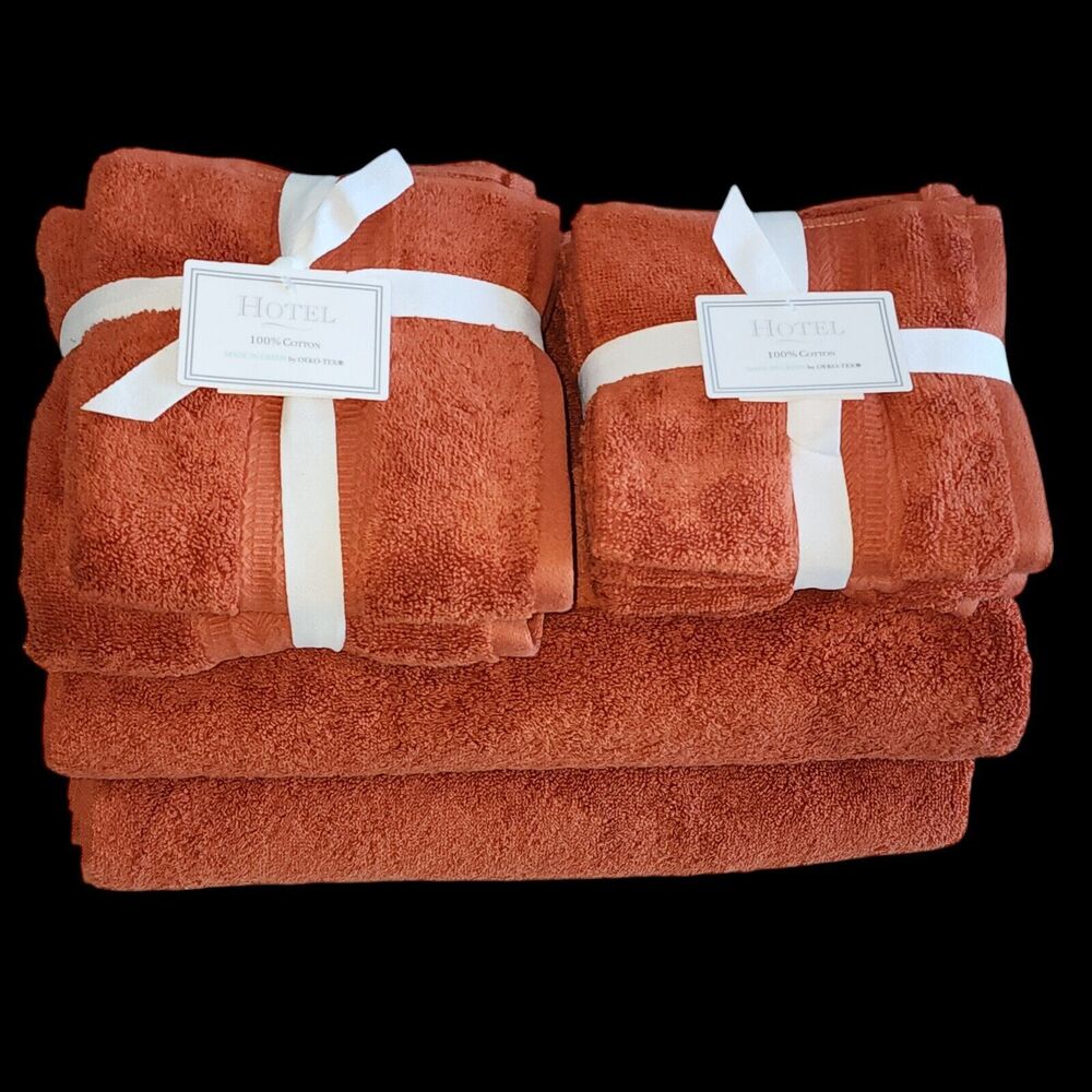 Hotel 8pc Autumnal Rust Color Cotton Towel Set 2 Bath 2 Hand 4Tip  Made in Green